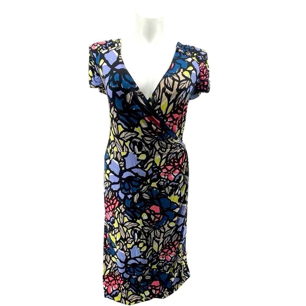 Alfani Black Multi Floral Faux Wrap V-Neck Stretch Dress 3X Cap Sleeve